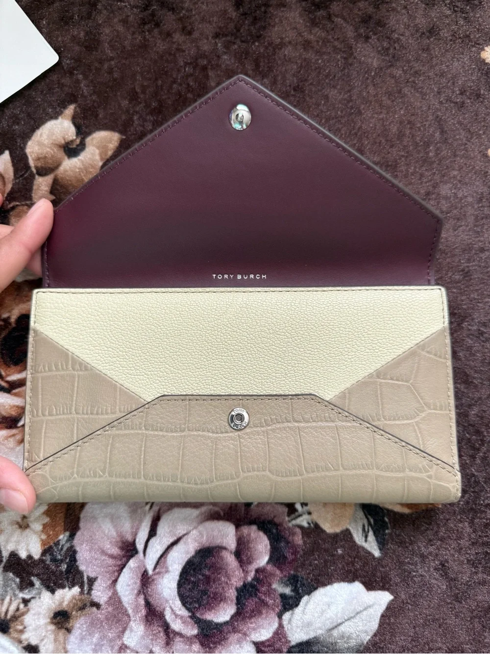TORY BURCH Soft Custard Multi Color-Block Envelope Snap Closure Long Wallet NWT